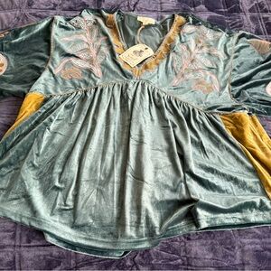 Embroidered Velvet Green and Gold Women's Top